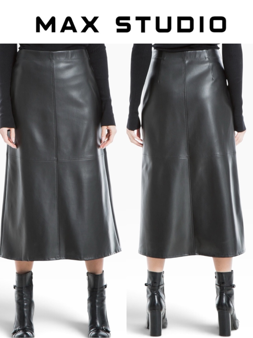 NWT MAX STUDIO LONDON BLACK FAUX LEATHER A-LINE SEAMED MIDI SKIRT SIZE MEDIUM